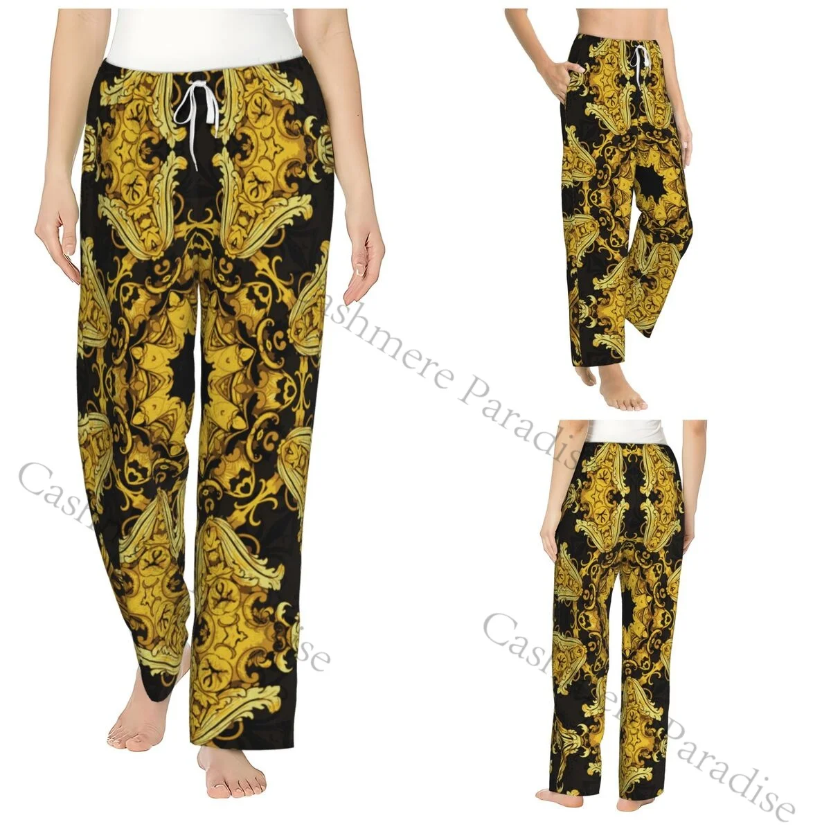 

Golden Baroque Flowers Cozy Flannel Pajama Pants for Women Sleep Bottoms Home Loungewear
