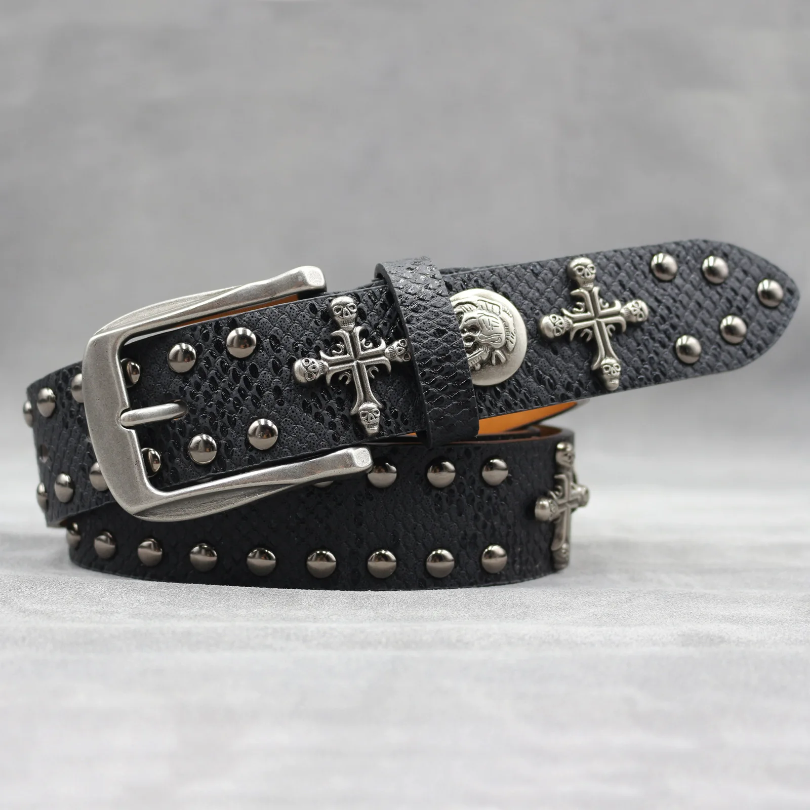 Harajuku Style Cross Skull Rivet Pu Leather Belt Punk Men's Belt Women's Snake Pattern Fashionable All-match Belt Accessories