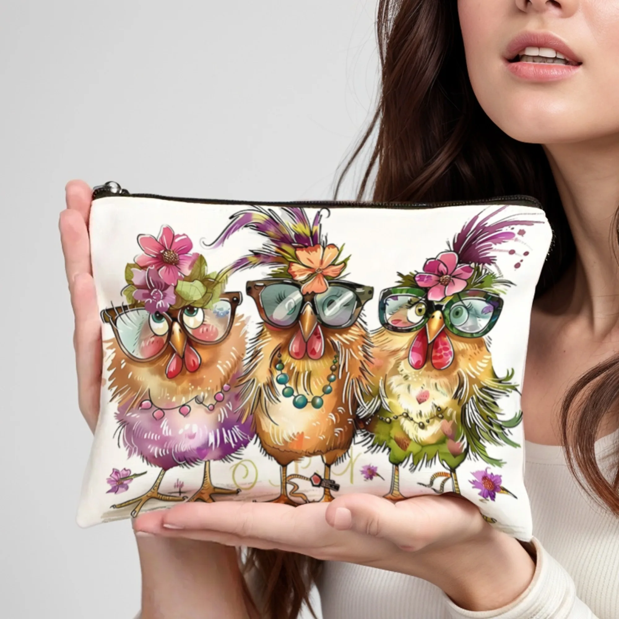 Novedosa bolsa de cosméticos estética de pollo de moda: organizador de maquillaje de viaje ligero plegable con cierre de cremallera