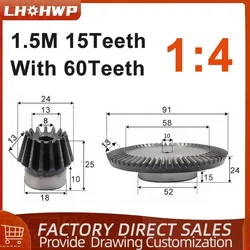 1Pair Of 90-Degree Transmission Bevel Gears 1.5M15 Teeth With 60 Teeth Process Hole 8+10mm Precision Bevel Gear Ratio 1:4