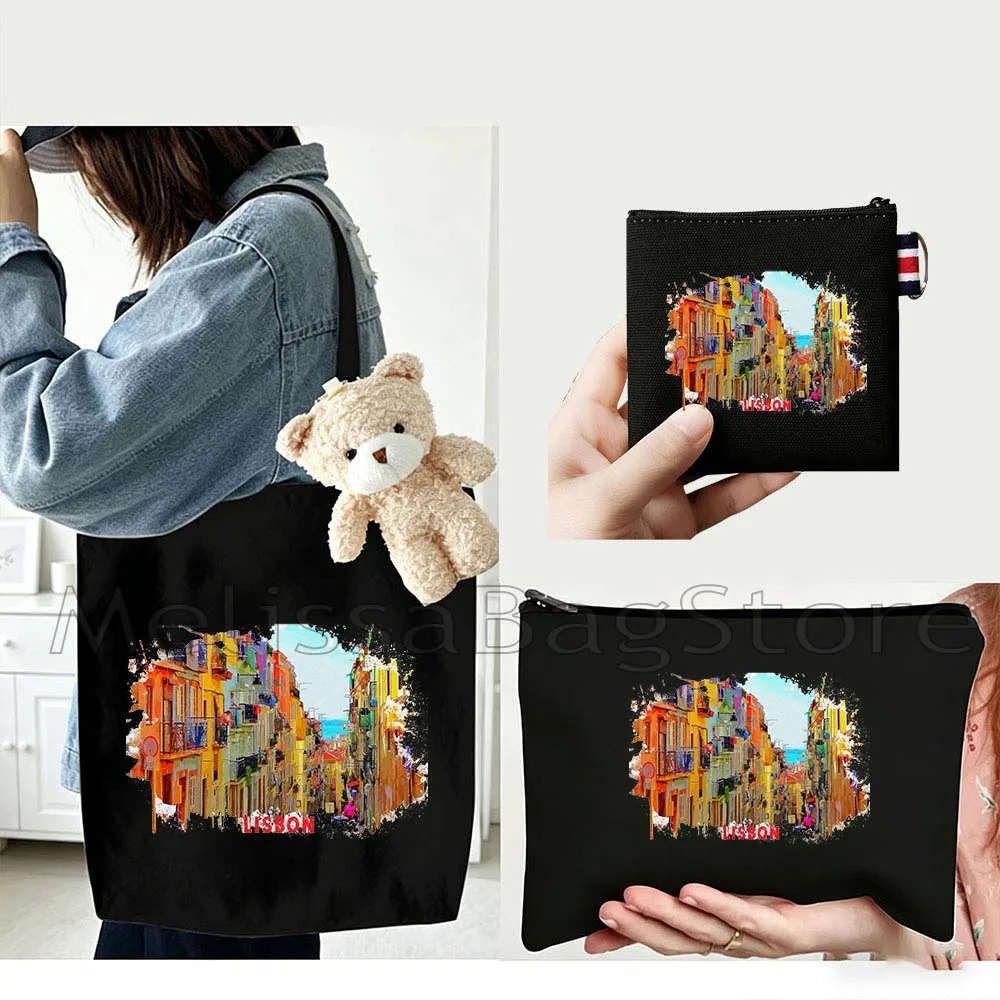 4PCS Gifts Set lisbon Portugal White Canvas Tote Bag Handbag with Doll Key Coin Purse Cosmetic Makeup Toilet Bag Case Pouch
