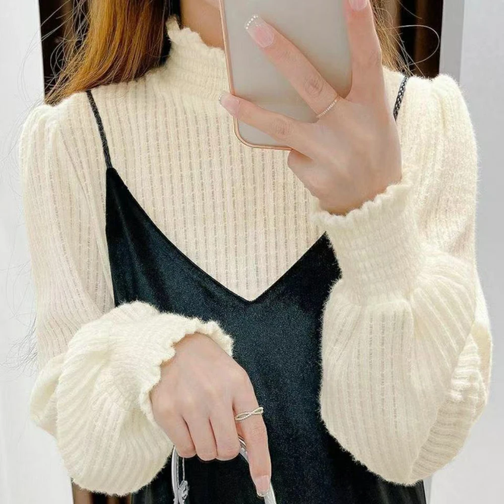 

Half high collar base shirt for women, autumn and winter new fashion, stylish lace long sleeved top, bubble sleeve inner layer