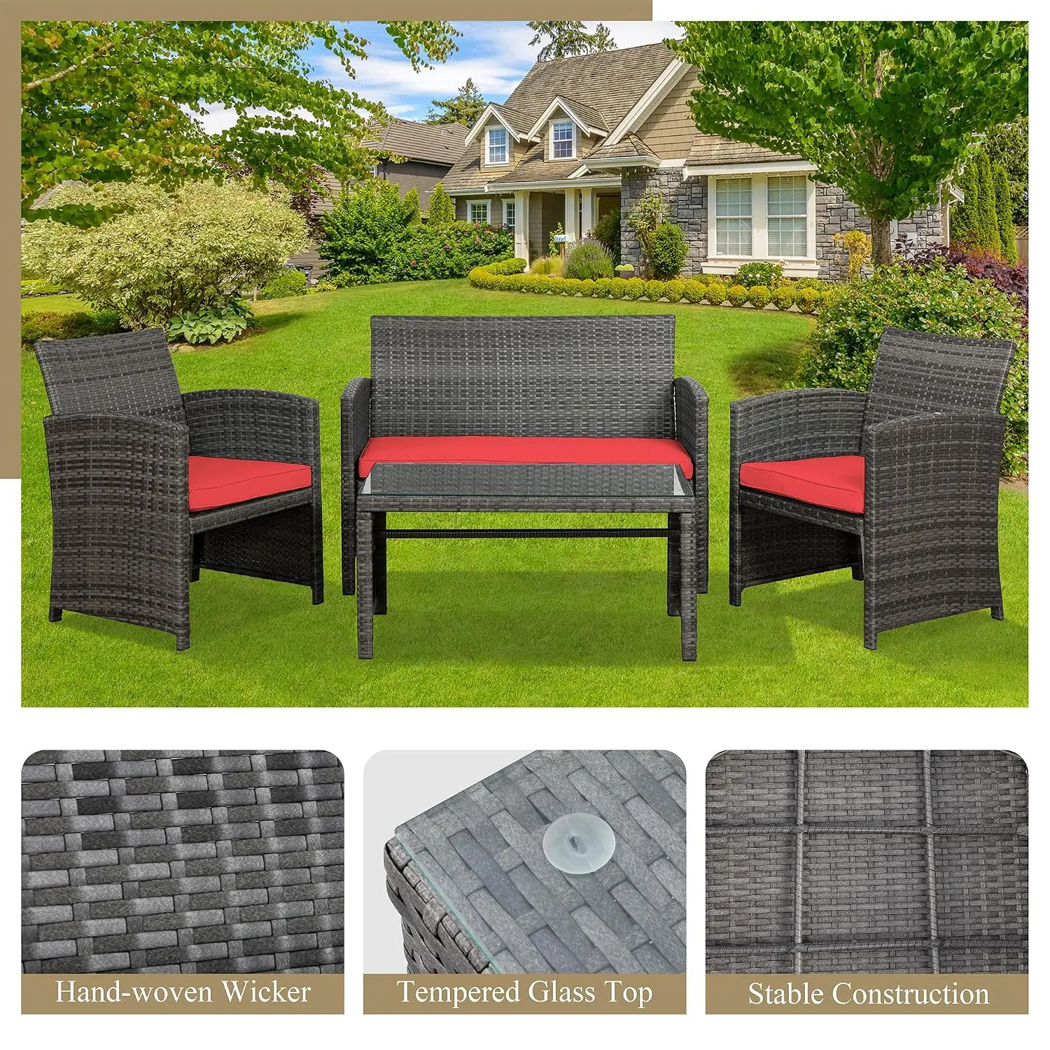4 Piece Outdoor Wicker Rattan Patio Furniture Set with Cushions & Coffee Table for Garden Balcony Porch, Customized