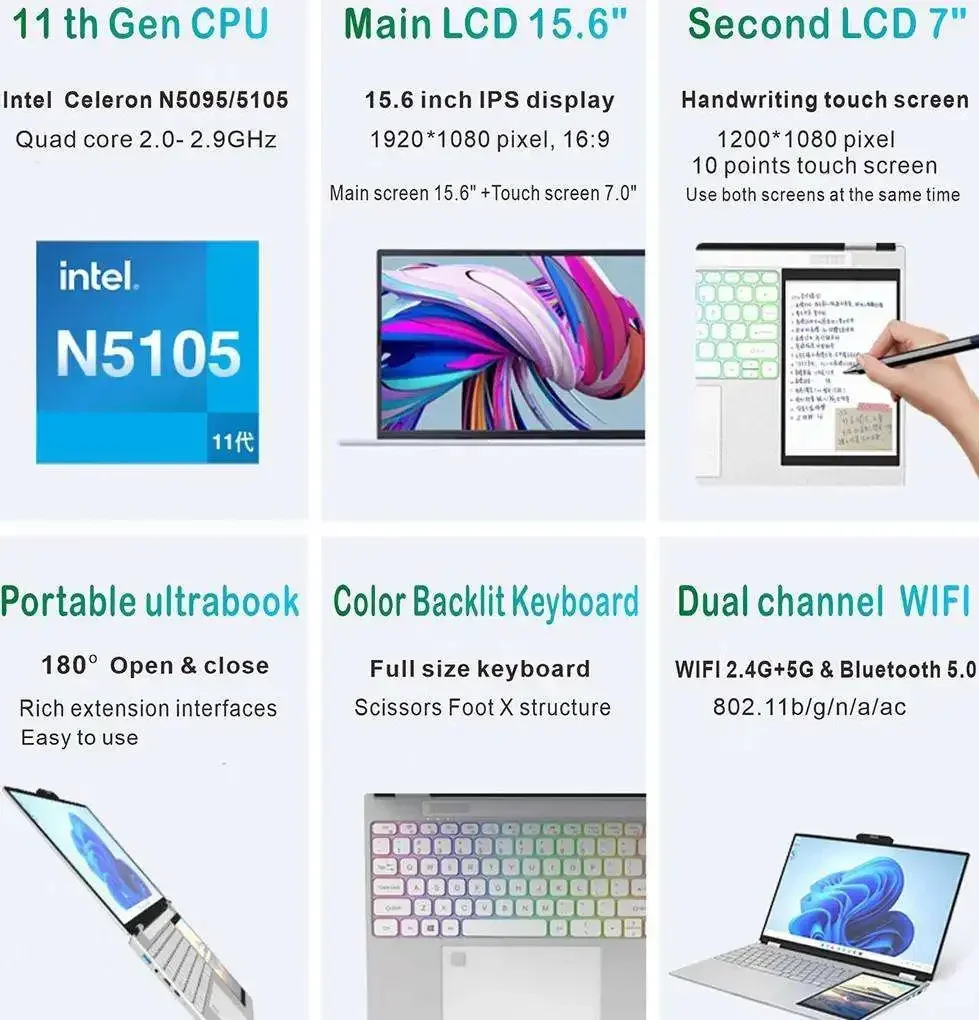 Customized AZERTY Keyboard Double Dual Screen Laptop Touch Screen 15.6 + 7inch Computer Student i7 i9 10th 11th Business Laptop