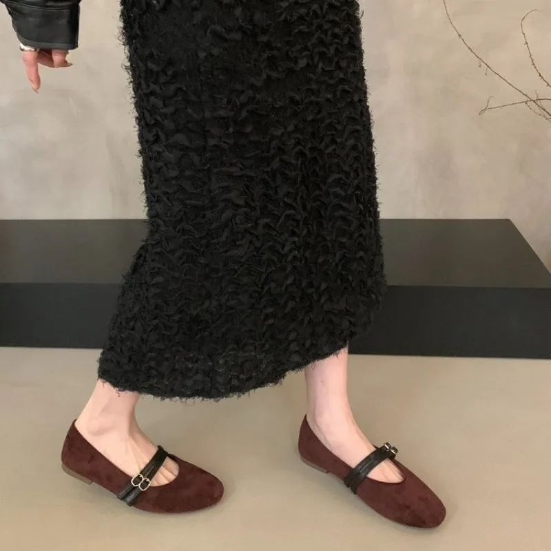 Metal Button Block Heel Single Shoes Fashion Round Toe Shallow Mouth Slip-on Soft Sole Non-Slip Low Top Shoes