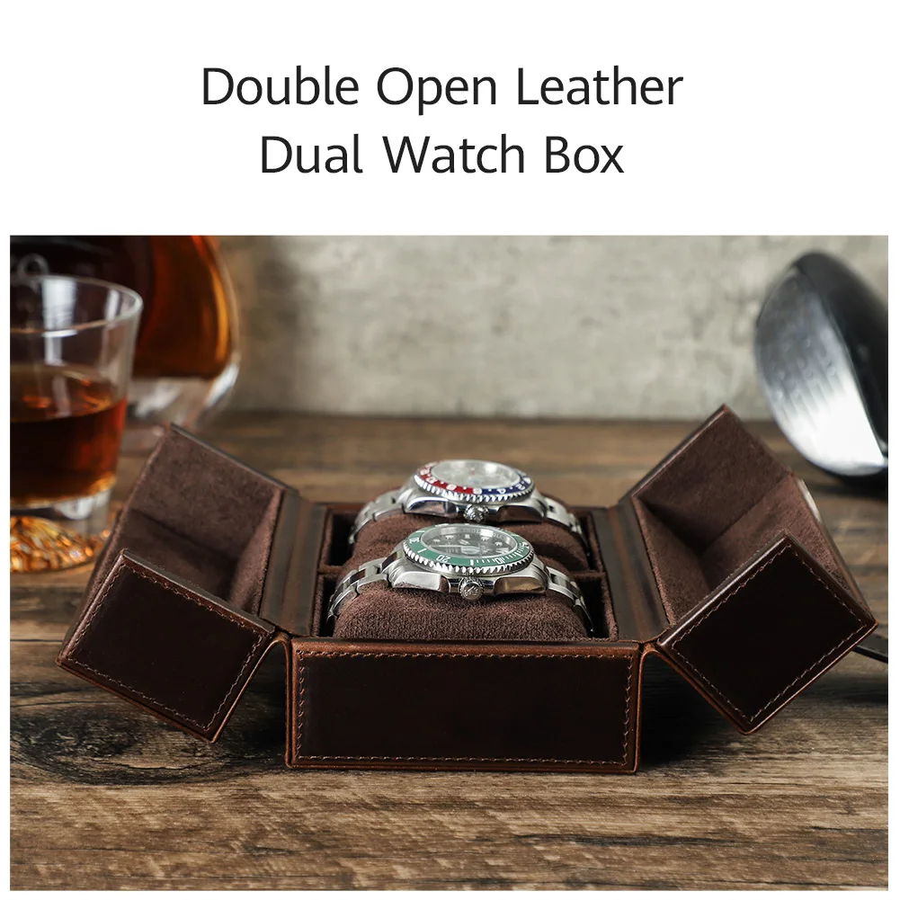Retro Luxury Genuine Leather 2 Slots Watch Roll Case Travel Portable Organizer Display Storage Box with Pillow Handmade Gifts