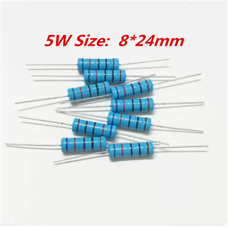 10pcs/lot 5W 1% Metal film Resistor resistance 0.1R~10M 1K 1.2 1.5 4.7 10 22 43 120 220 18 390 470 82 R K ohm 10K 100K 1M