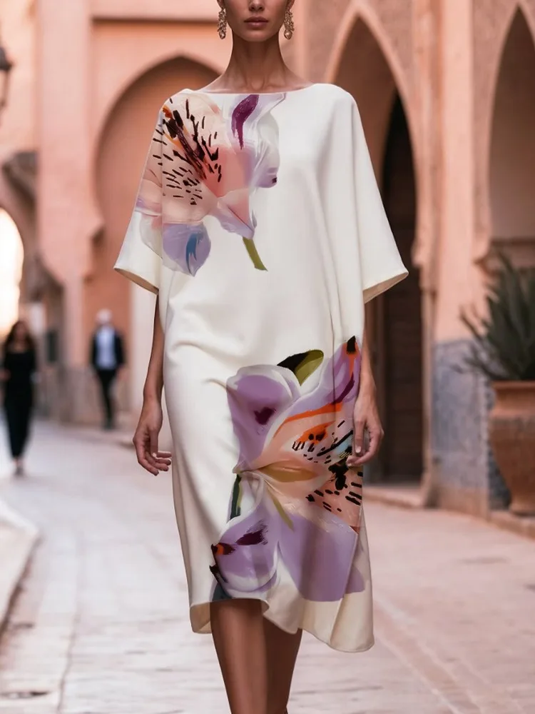 

UOOZEE 2025 New Vintage Floral Printed Elegant Party Evening Midi Dresses Women Loose Half Sleeves Boat Neck British Style Dress