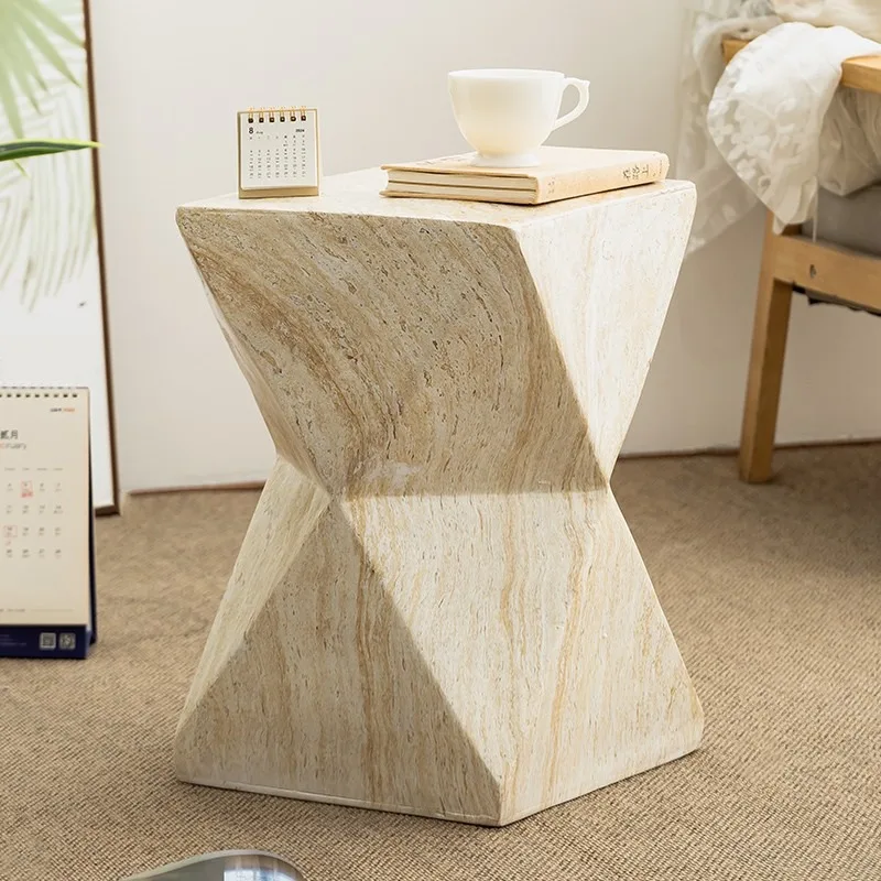 Mid-Century Travertine Texture Side Table Magnesium Cement Accent Table Minimalist Round Coffee Table for Home Cafe