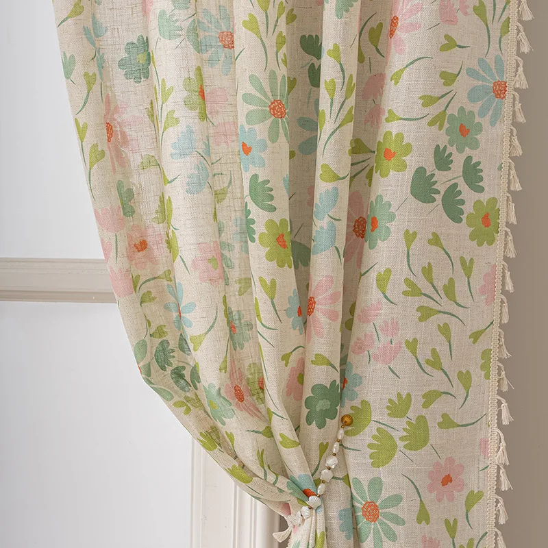 Picture 6: 1PC New Semi-Sheer American Style Curtain, Bamboo Hemp Fabric, Floral Pattern, Rod-Pass Through, Fresh Country Style, Single Pie