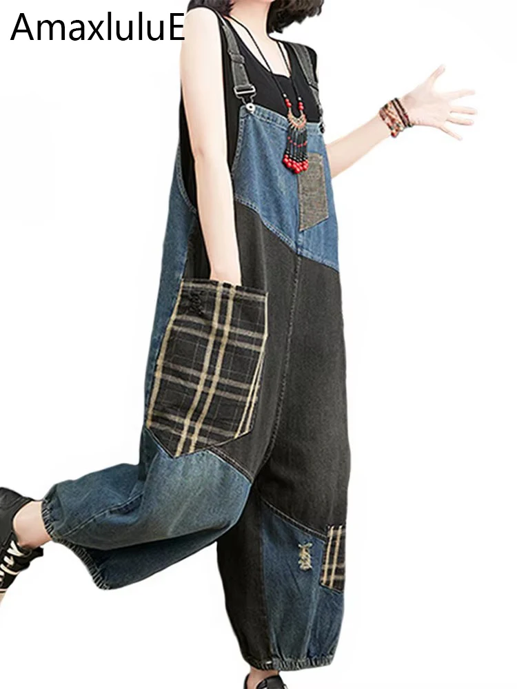 Amax luluE 2024 Korean Summer Design Women Plaid Ripped Denim Overalls Ladies Vintage Oversized Jeans Girl Punk Style Trousers