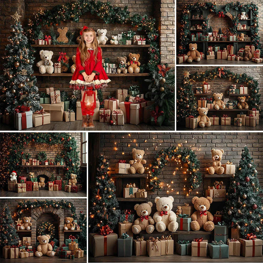 พวงมาลัยตุ๊กตาหมีน่ารักพื้นหลังสำหรับถ่ายภาพในห้องเทศกาลคริสต์มาสตกแต่งเป็นของขวัญฉากหลังรูปภาพภาพเหมือนวันหยุดของเด็กอุปกรณ์ประกอบฉากสำหรับสตูดิโอ