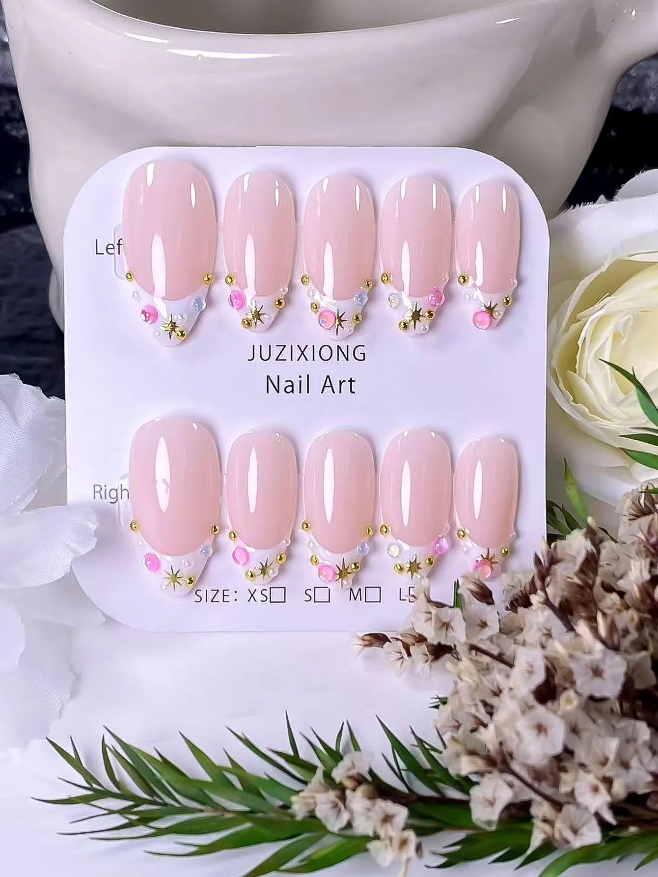 10 pcs White French with Starburst Multicolor Rhinestones Press-On Nails, elegant, romantic and minimalist, premium sexy luxury view 2