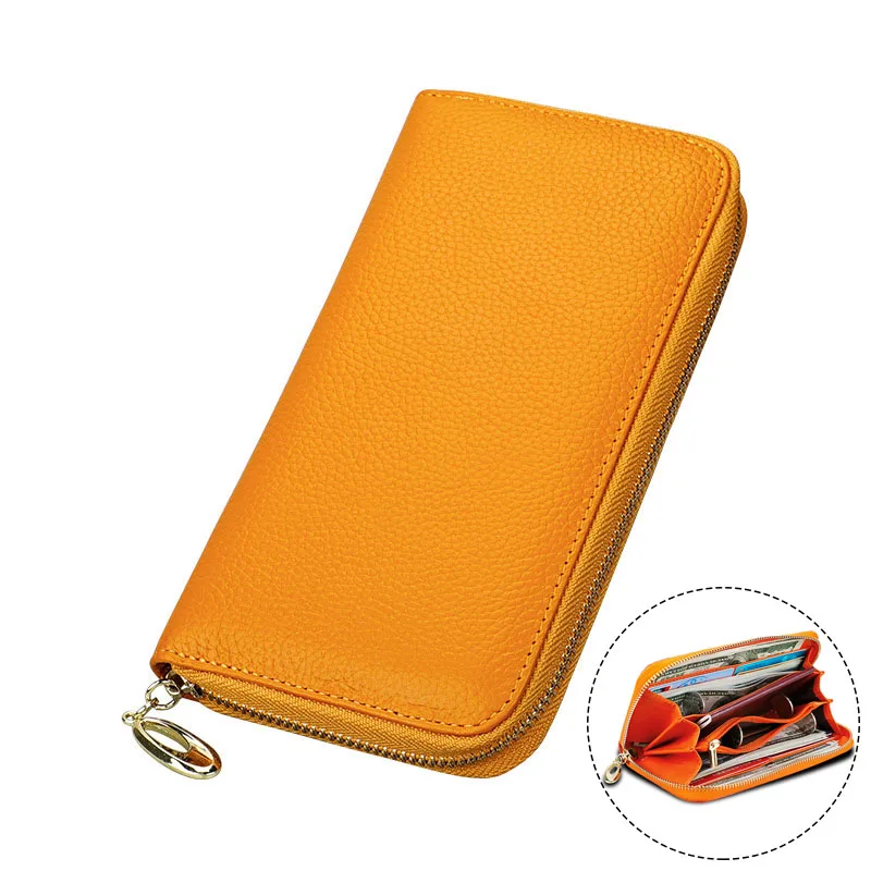

Orange Female Genuine Leather Wallet Phone Money Holders Yellow Purple Zipper Women Wallets Long Clutch Purse Red Card Holder