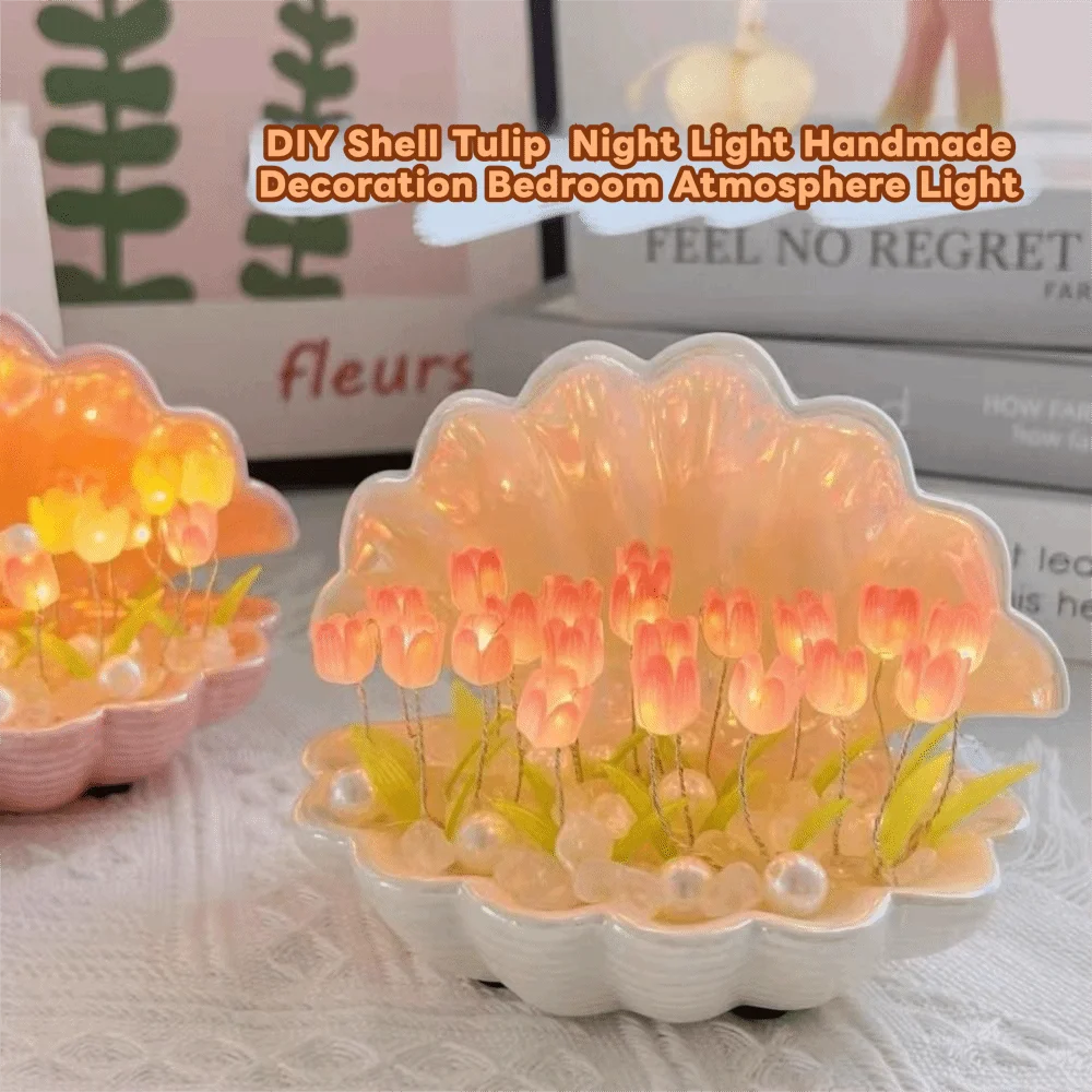 Acrylic Flowers DIY Tulip Night Light Handmade Decorative Atmosphere Light Tulips Flower Table Lamp Seashell Tulip Night Light