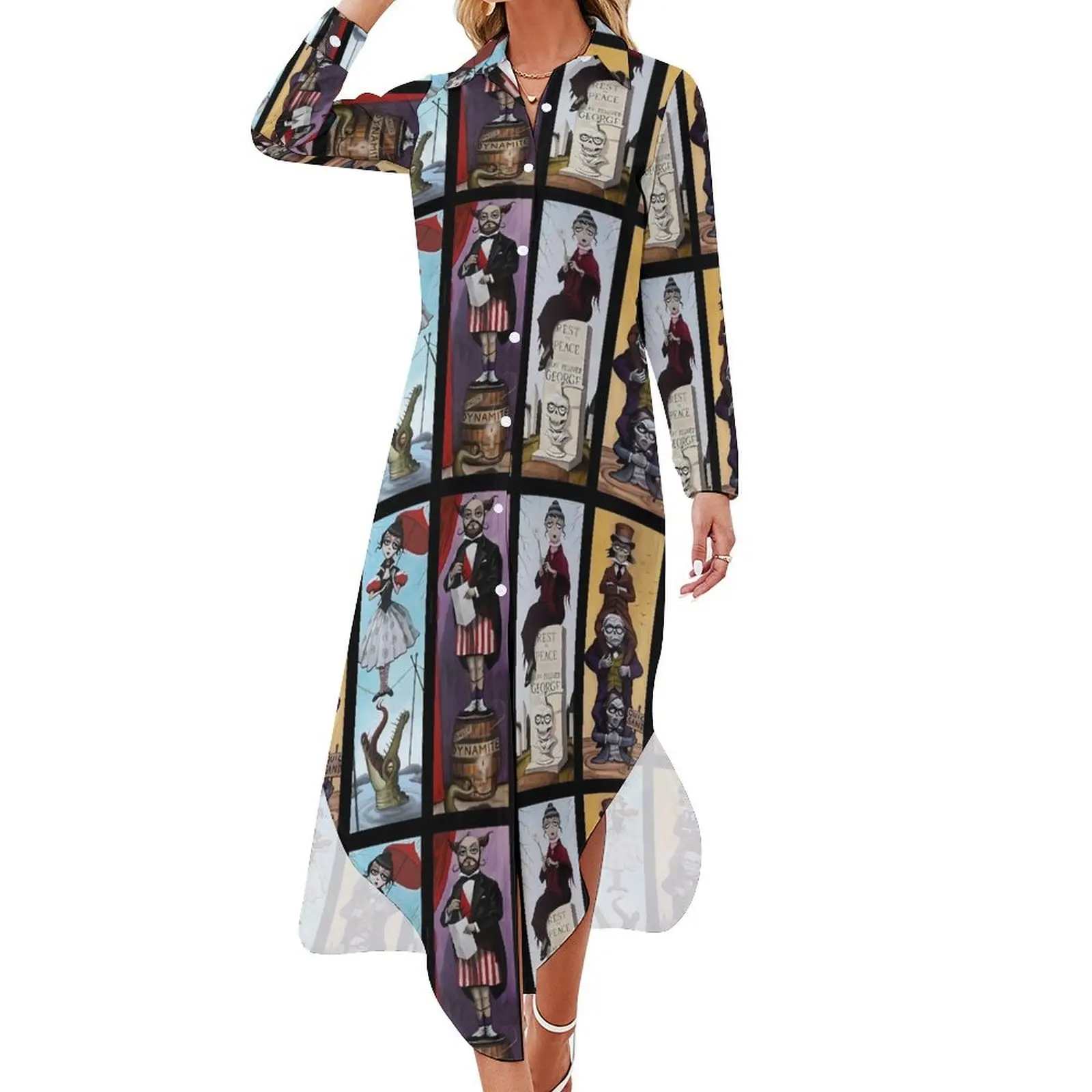 Haunted Mansion Casual Dress Stretching Portraits Stylish Dresses Sexy V Neck Cute Chiffon Dress Long Sleeve Vestidos Large Size