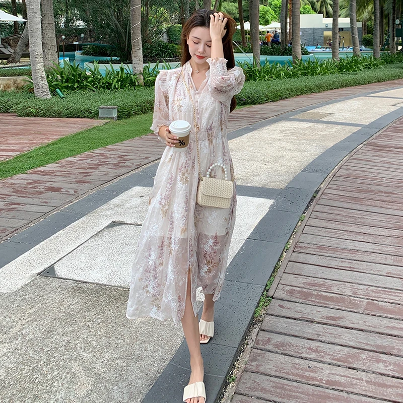 

Plus Size 4XL Women Floral Print Lace Hollow Out Festival Party Dress Elegant Embroidery Dress Female 2022 Summer Clothing