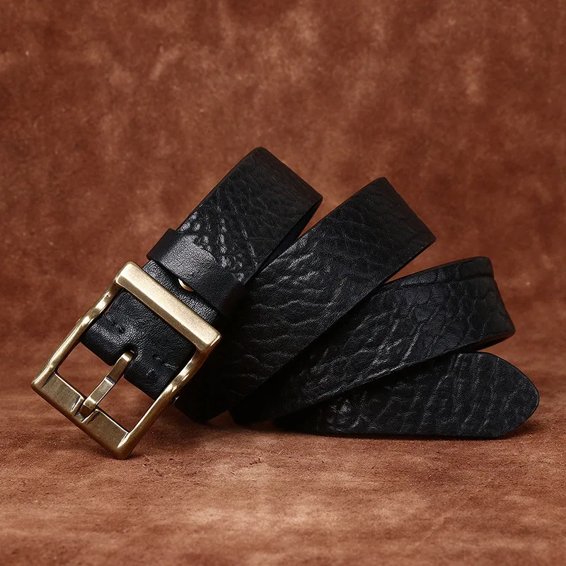 Cintura versatile alla moda in vera pelle retrò da uomo con motivo grezzo, strato di testa in pelle bovina, cintura con motivo bisonte ispessito, larghezza 3,8 cm