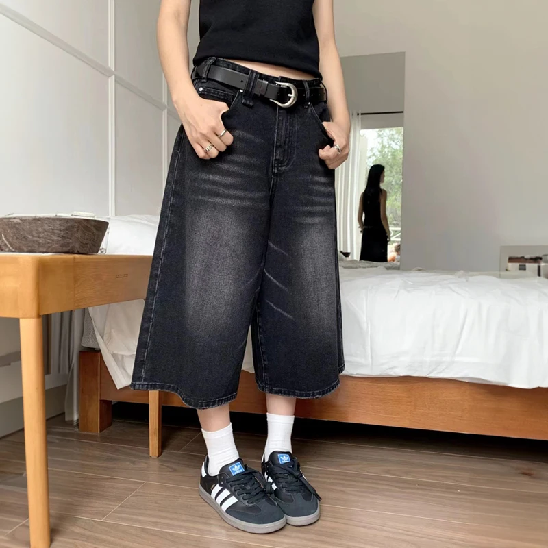 Short Baggy en Denim Noir pour Femme, Pantalon Court à Jambes Larges, Taille Haute, Délavé Foncé, Longueur Genou, Décontracté, à la Mode, Y2k