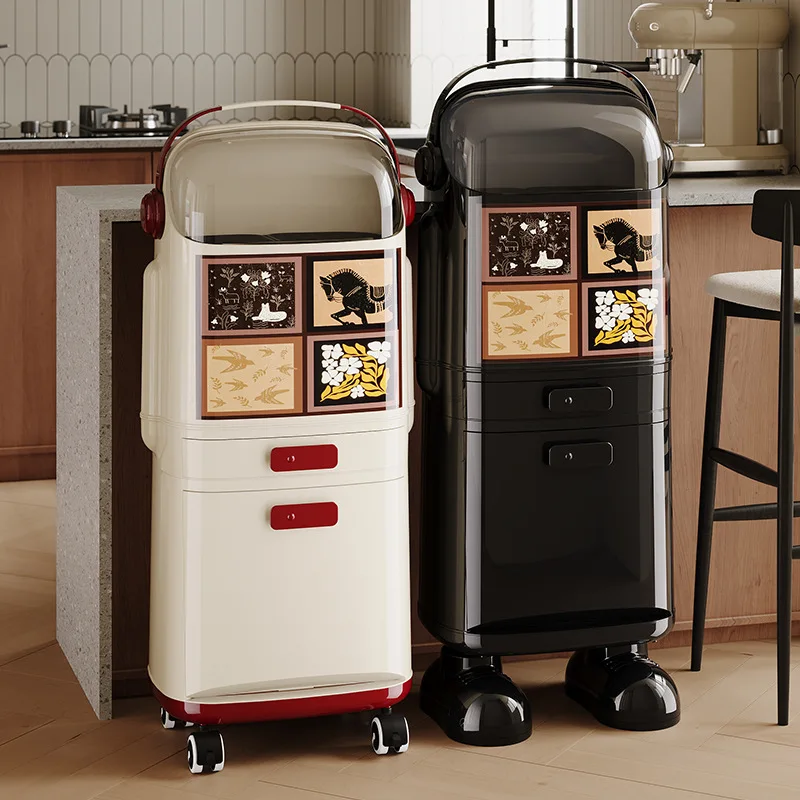 Large capacity vertical food waste bin, multi-layer dry and wet separation movable clamshell cleaning bucket