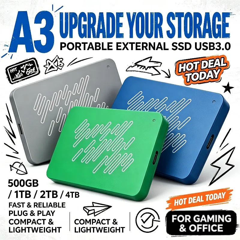 Portable A3 Series USB3.0 SSD External Hard Drive, 500GB 1TB 2TB 4TB Black Solid State Disk for Gaming Console & Office Mac