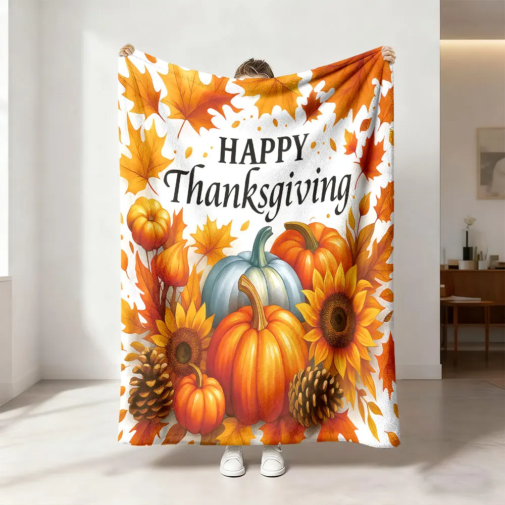 1pcs 230g flannel blanket HAPPY Thanksgiving design decorated pumpkins sunflowers maple leaves offering comfortable experienc