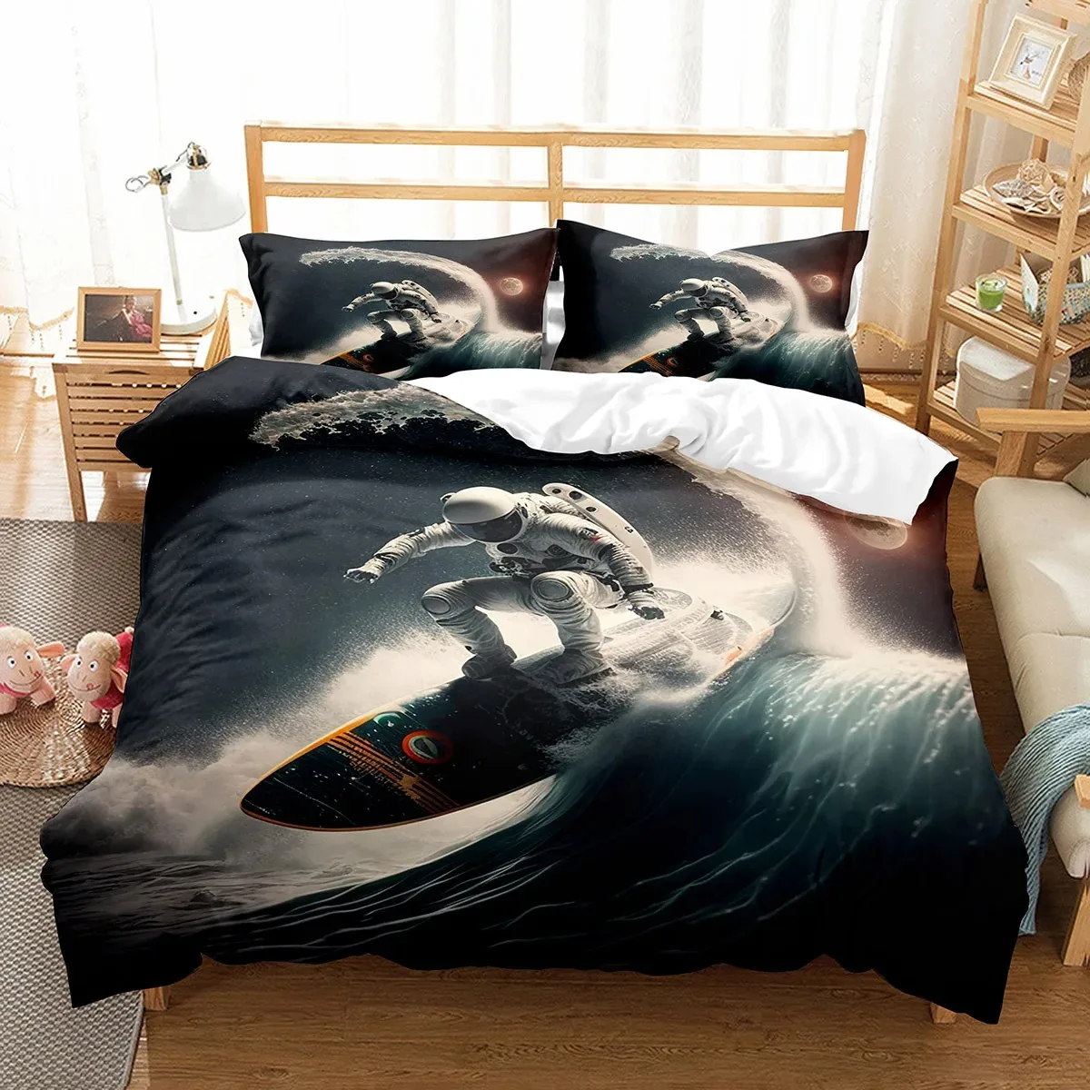 Space Surfing King Queen Duvet Cover Astronaut Movement Bedding Set Sport Theme Quilt Cover Universe Comforter Cover