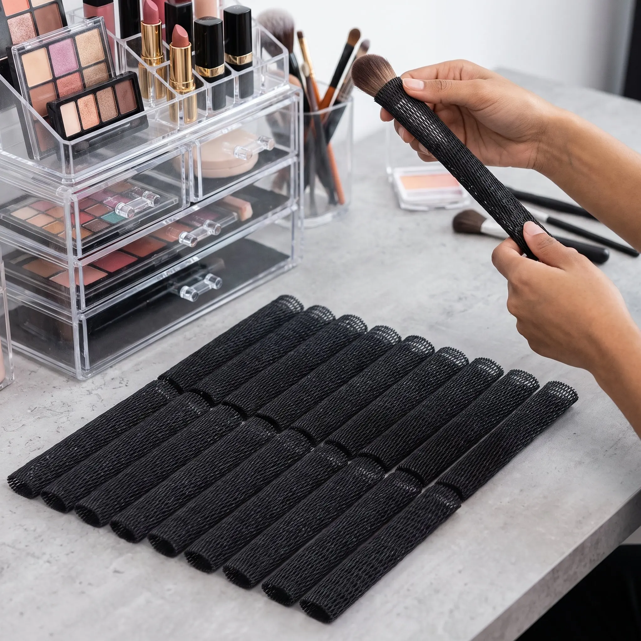 50Pcs Makeup Brush Mesh Cover Brush Protector Black Elastic Net Sleeve Guards Travel Storage Reusable