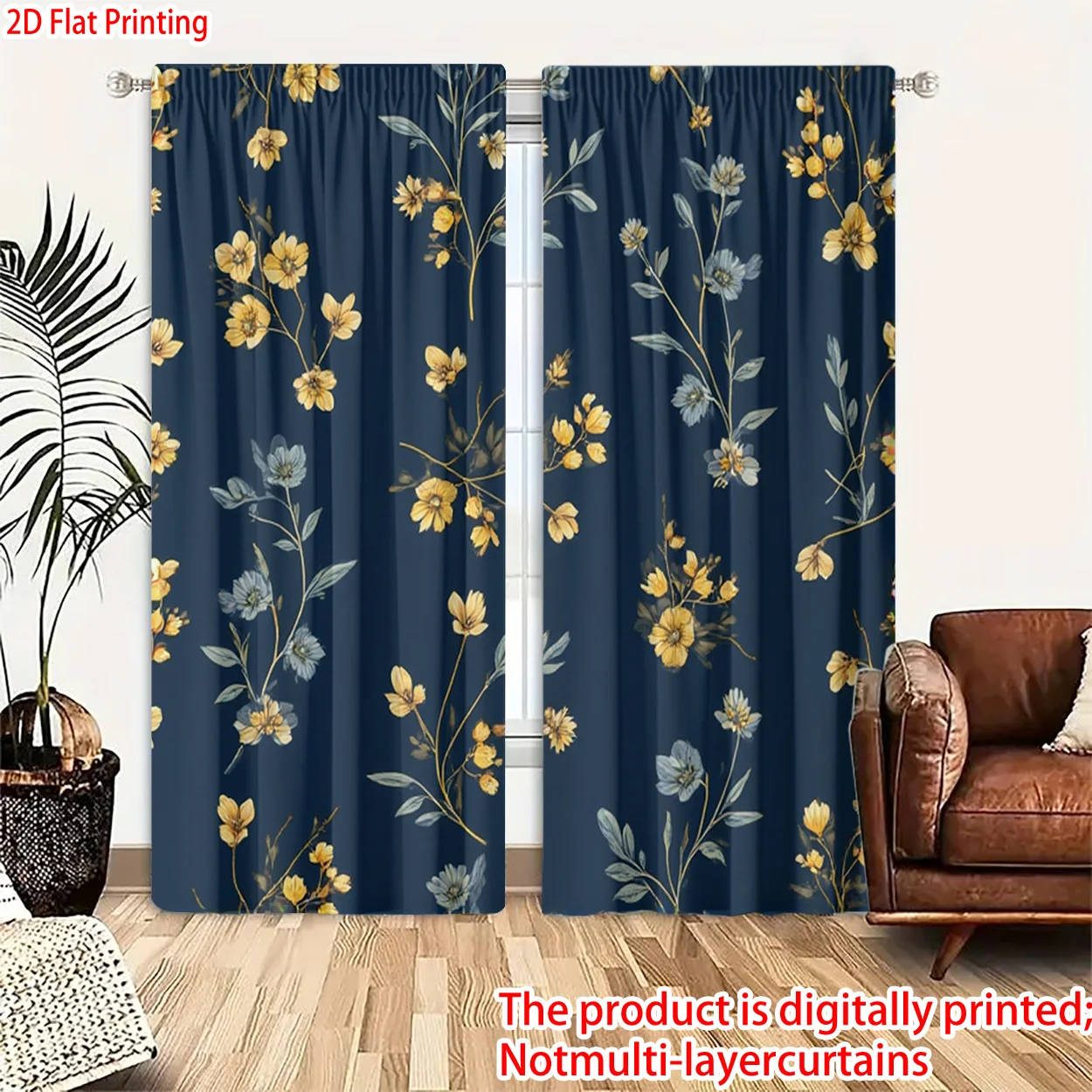 Elegant Botanical Floral Curtains Navy Blue Print Drapes for Living Room Bedroom Home Window Wall Decor Window Covering