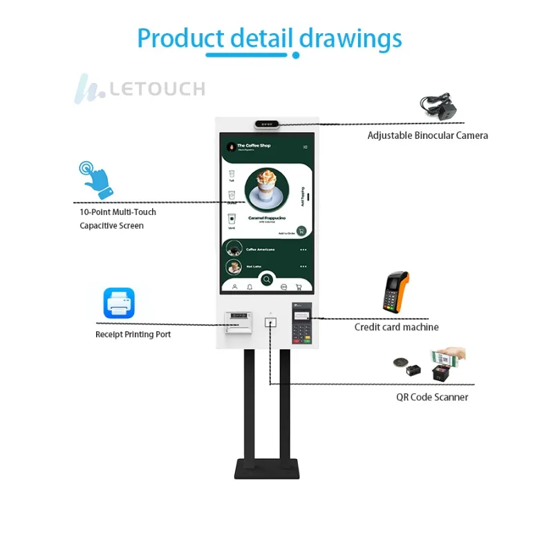 Interactive Self-service Payment Kiosk Machine for Shopping Mall Restaurant Fast Food Menu Ordering Capacitive Touch Screen SDK
