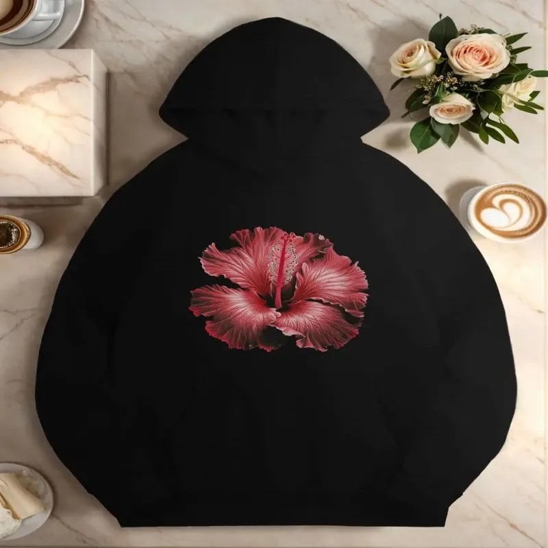 

Winter Fall Women Plus Size Sweatshirt Female Oversize Clothes Red Hibiscus Flower Round Neck Comfortable Fashionable Elegant