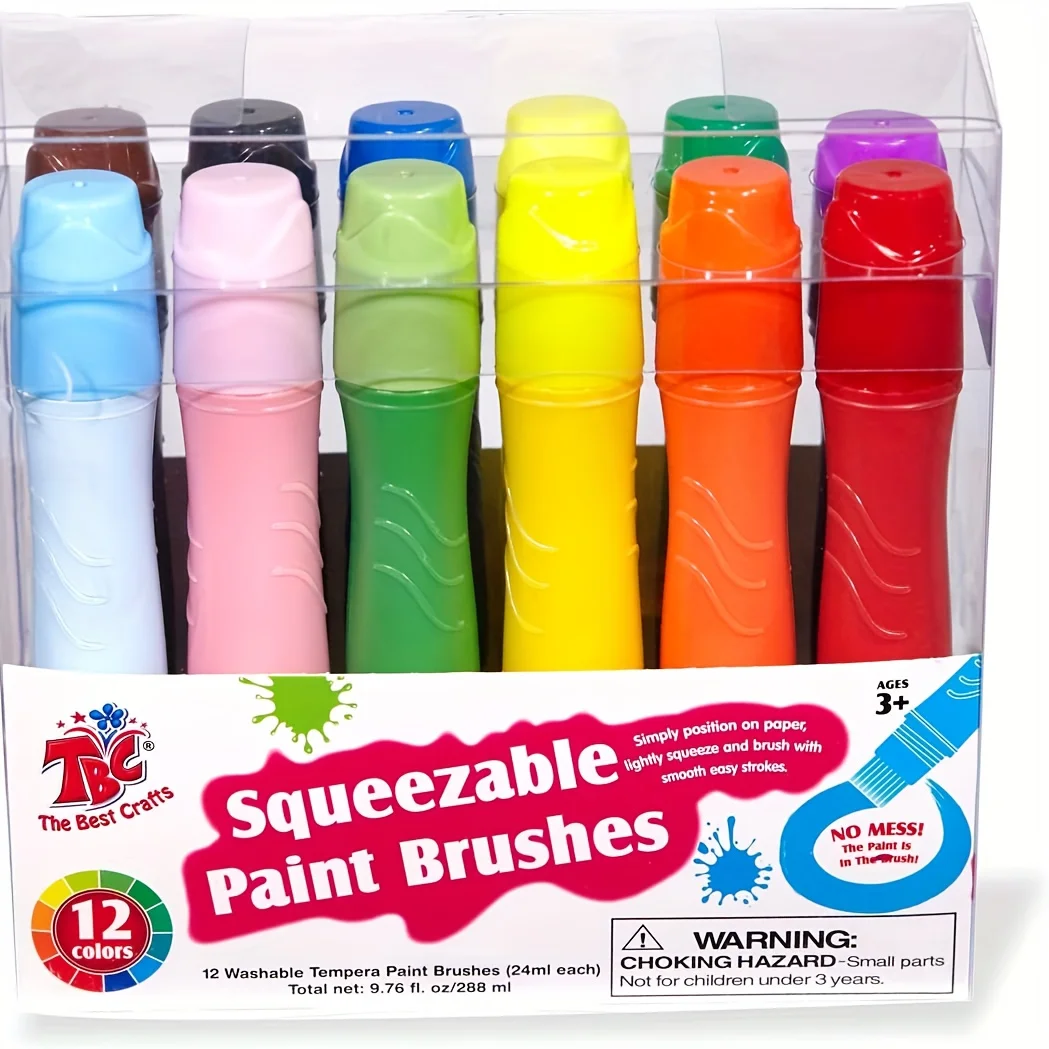 TBC The Best Crafts 12 Colors Squeezable Brush Paints For Beginners For Early Learning,Washable Tempera Paint Brushes, Assorted Baisic/ Neon/ Pastel Colors( 24ml/0.8oz Each), EasyTo Paint