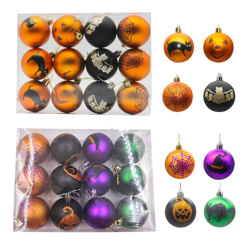 

12PCS/SET 6CM Halloween Plastic Balls Painted Matte Bat Black Cat Pumpkin Ball For Party Decorations Pendants Home Supplies