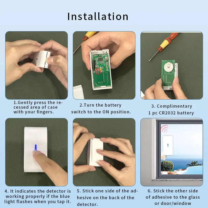 2024 sensible a la vibración ajustable inalámbrico 433mhz sensores de vibración de rotura de vidrio Detector de alarma de puerta y ventana para Kit de alarma de casa