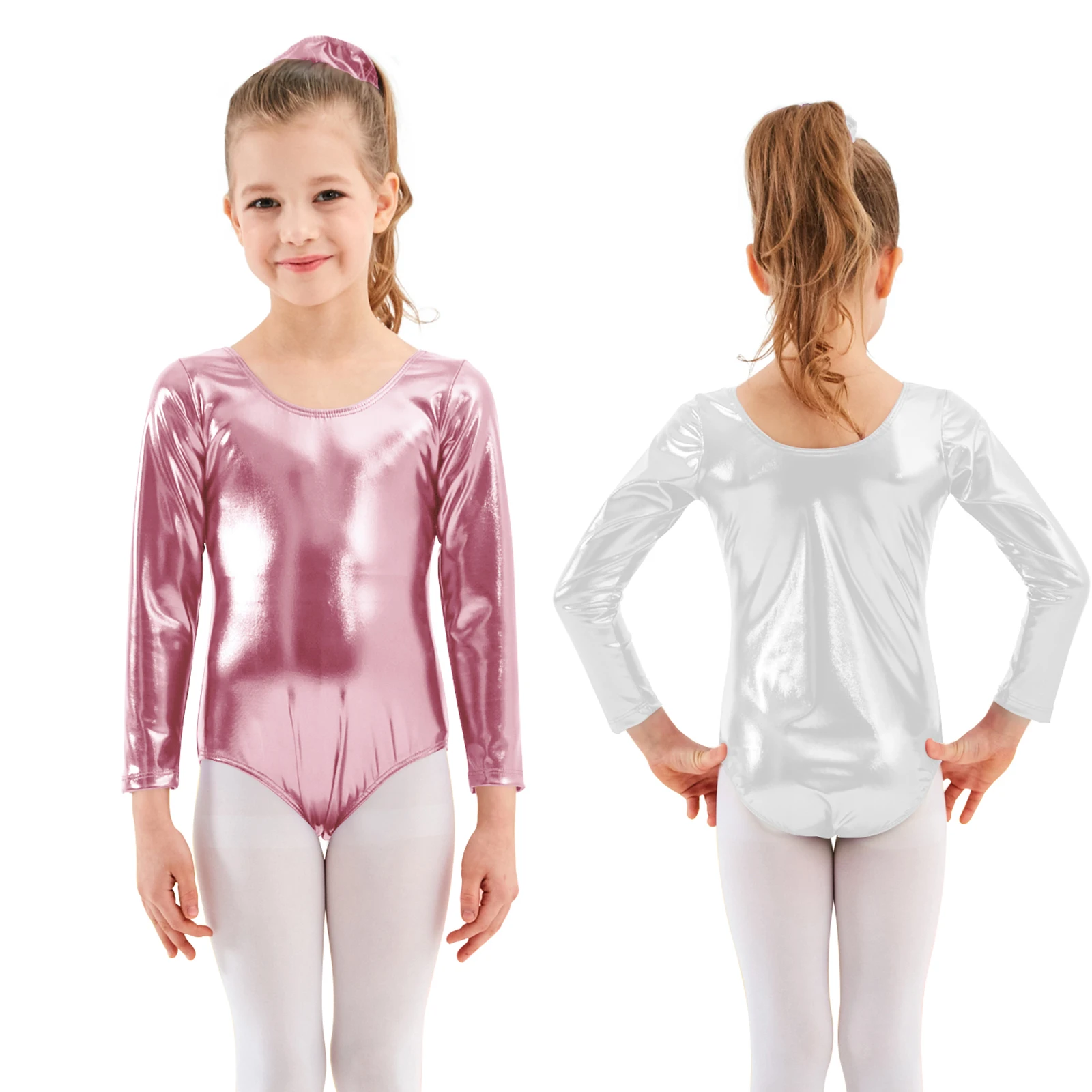 AOYLISEY-Leotards Shinny Metallic Ballet Dance para meninas, bodysuit de ginástica manga comprida, traje de spandex, roupa infantil