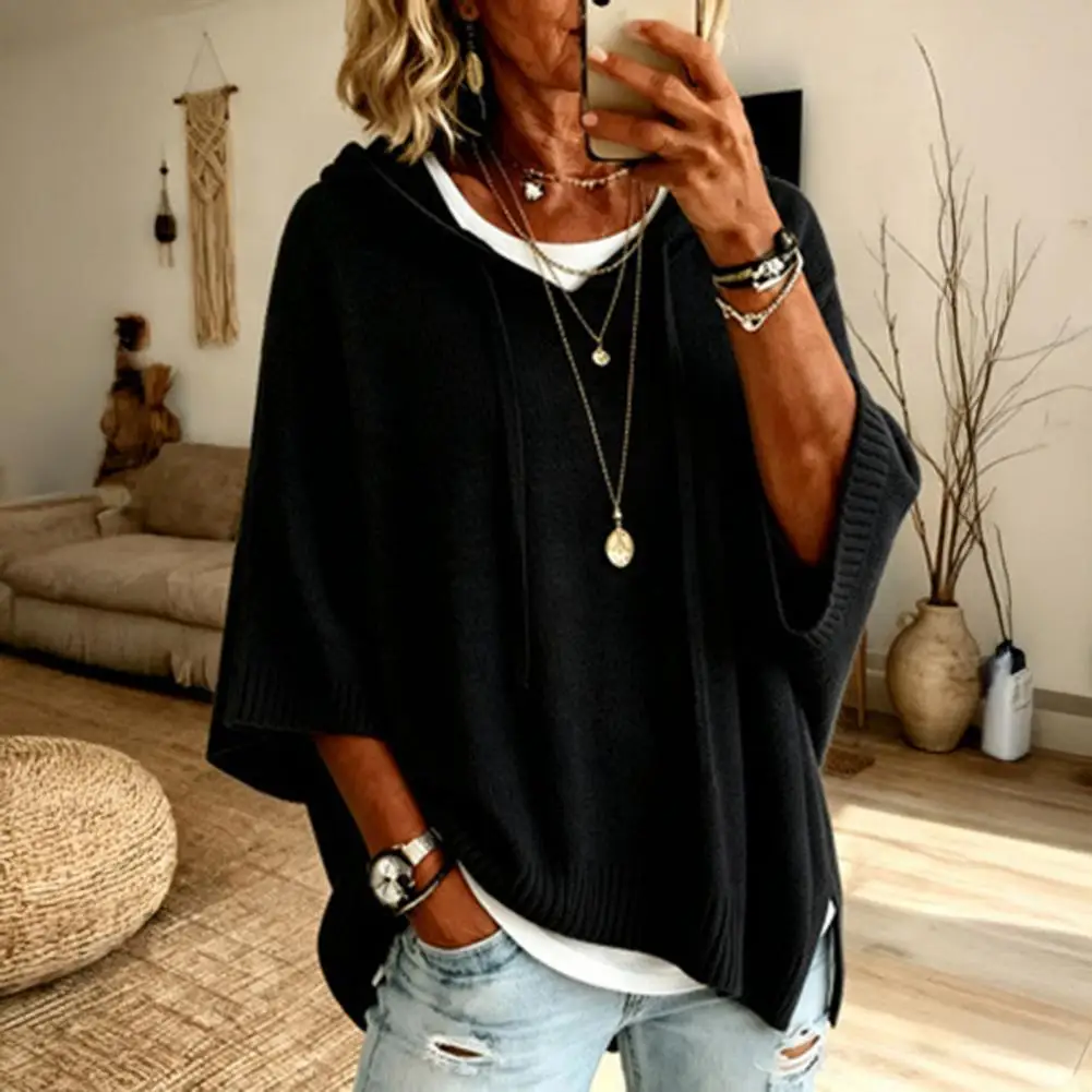 Loose Fit Sweater Autumn Women Knit Pullover Sweater Loose Fit Drawstring Hoodie 3/4 Sleeve Drop Shoulder Top Solid Color