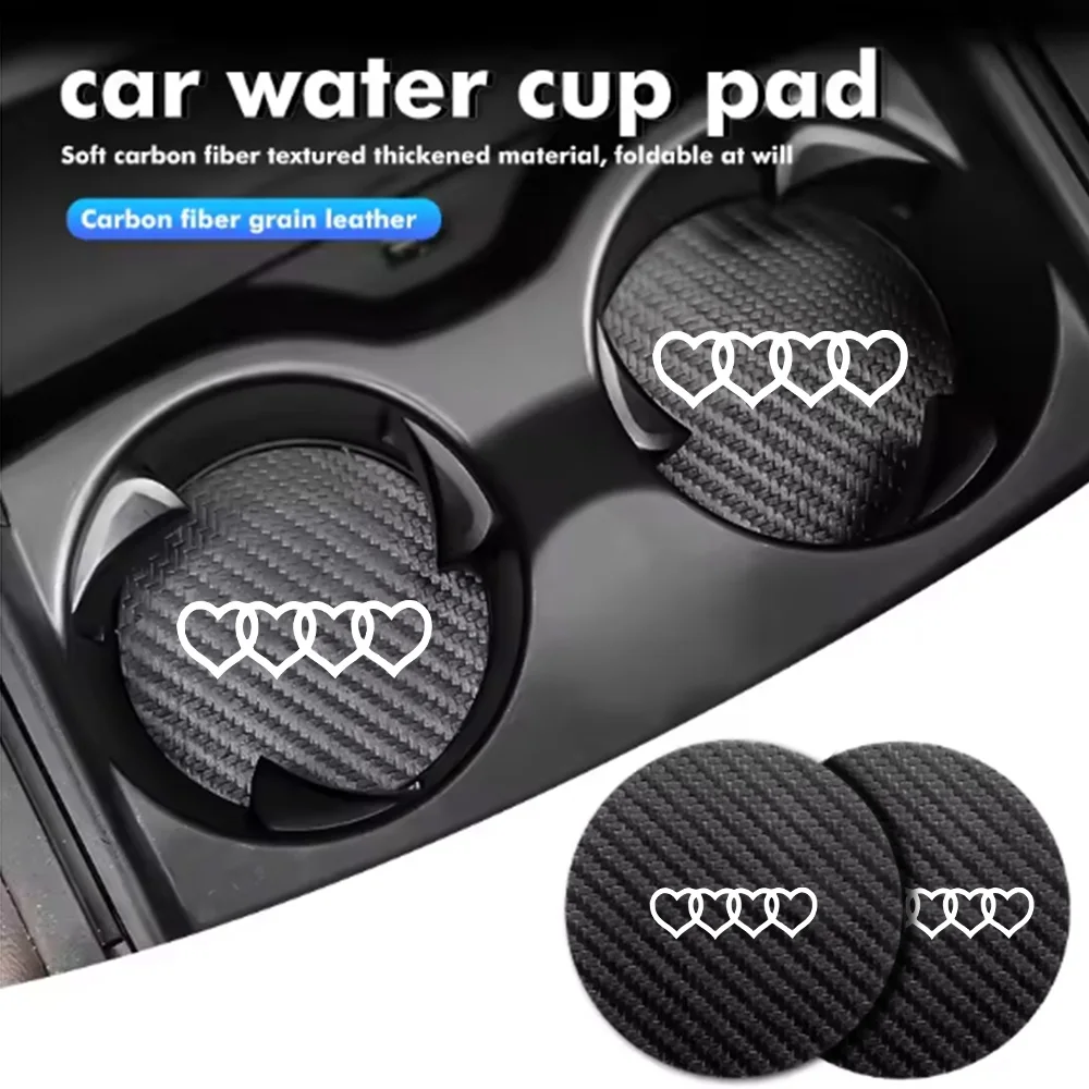 2-Piece Set of Four White Heart-Shaped Carbon Fiber Pattern Car Interior Accessories, Water Cup Mats, Car Accessories Collection, Non-Slip Mats, Cute Cartoon Storage Slot Decorative Mats