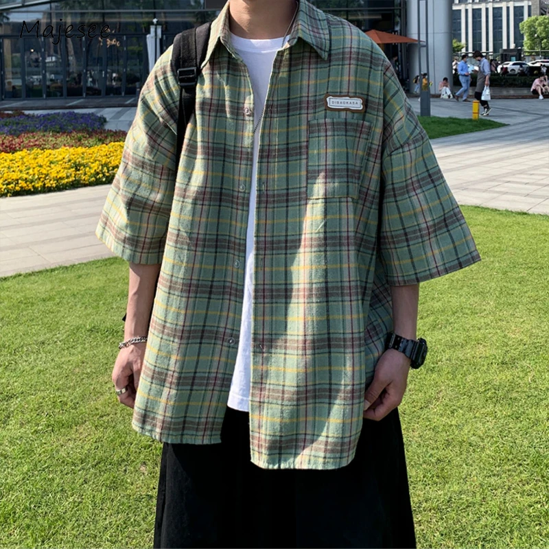 

Plaid Shirts Men Panelled Baggy Summer Half Sleeve Pocket Japanese Preppy Style Fitness Sporty All-match High Street Prevalent