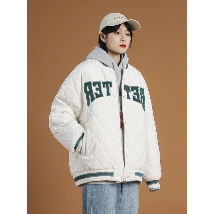 

Утепленная женская хлопковая куртка в американском стиле с ромбовидным узором, зимняя верхняя одежда в корейском стиле, пальто на молнии с длинными рукавами