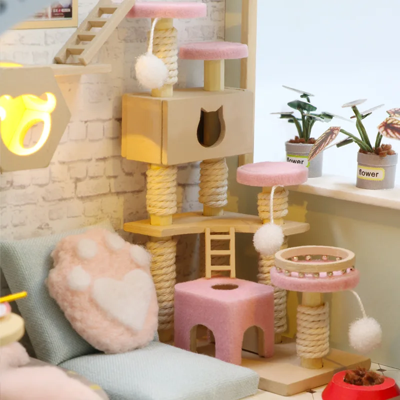 2-in-1 DIY Miniature House Kits - Cat Café Backyard & Tailor Shop 3D Wooden Puzzle Handmade Creative Gift for Her Wholesale
