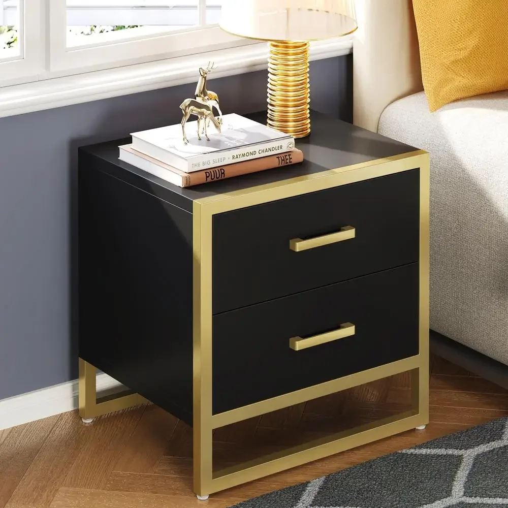 Black Gold Nightstand with 2 Drawers Bedroom Living Room Storage Practical Side Table Chic Functional End Table Aesthetic Design