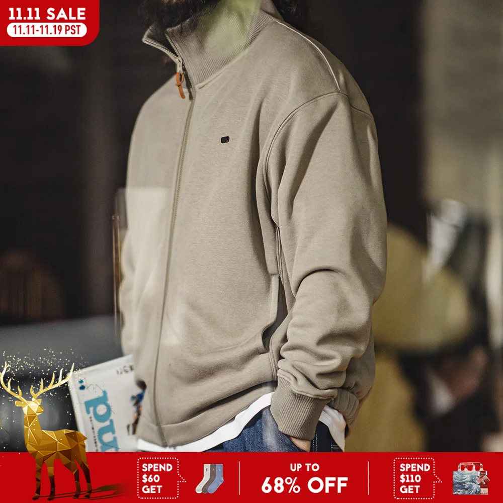 

Maden Men's High Neck Warm Jacket Polar Fleece Lining Thickened Coat Casual Sports Style Cardigan Sweater Vintage Tennis Jacket