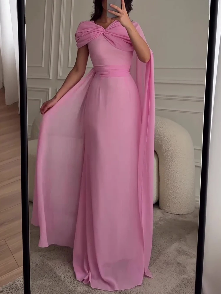 Women's Fashion Draped Slim Party Dress Sexy V-neck Sleeveless Shawl Evening Dress Elegant Simple Hight Waist Solid Long Dress