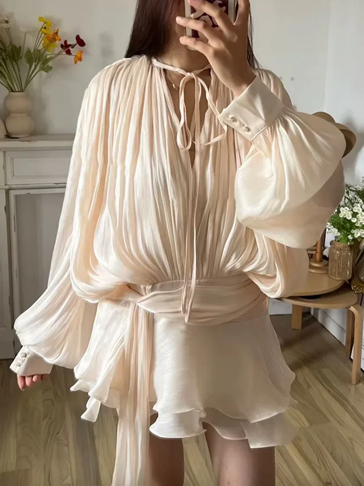 

New 2pc Sets Spring Summer Women Solid V Neck Top and Slim Shorts Suits Elegant Lacing Up Chic Blouse Shirt Ladies Matching Sets