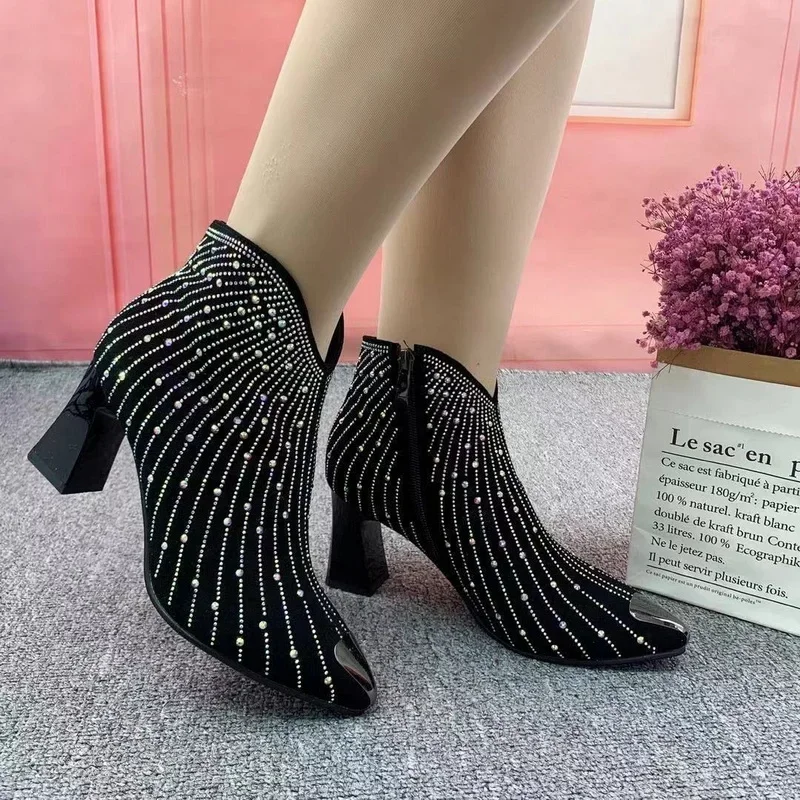 New Women Rhinestone Fashion Autumn/Winter Shoes Shine Short Botas Side Zip Pointed Toe Ankle Boots