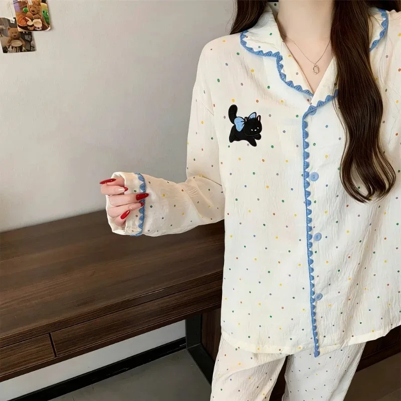 Embroidery Korean Style Dot Cat 2PCS/Set Women's Pajamas Long Sleeve Lapel Neck Sleepwear Woman Spring Casual Cute Nightwear