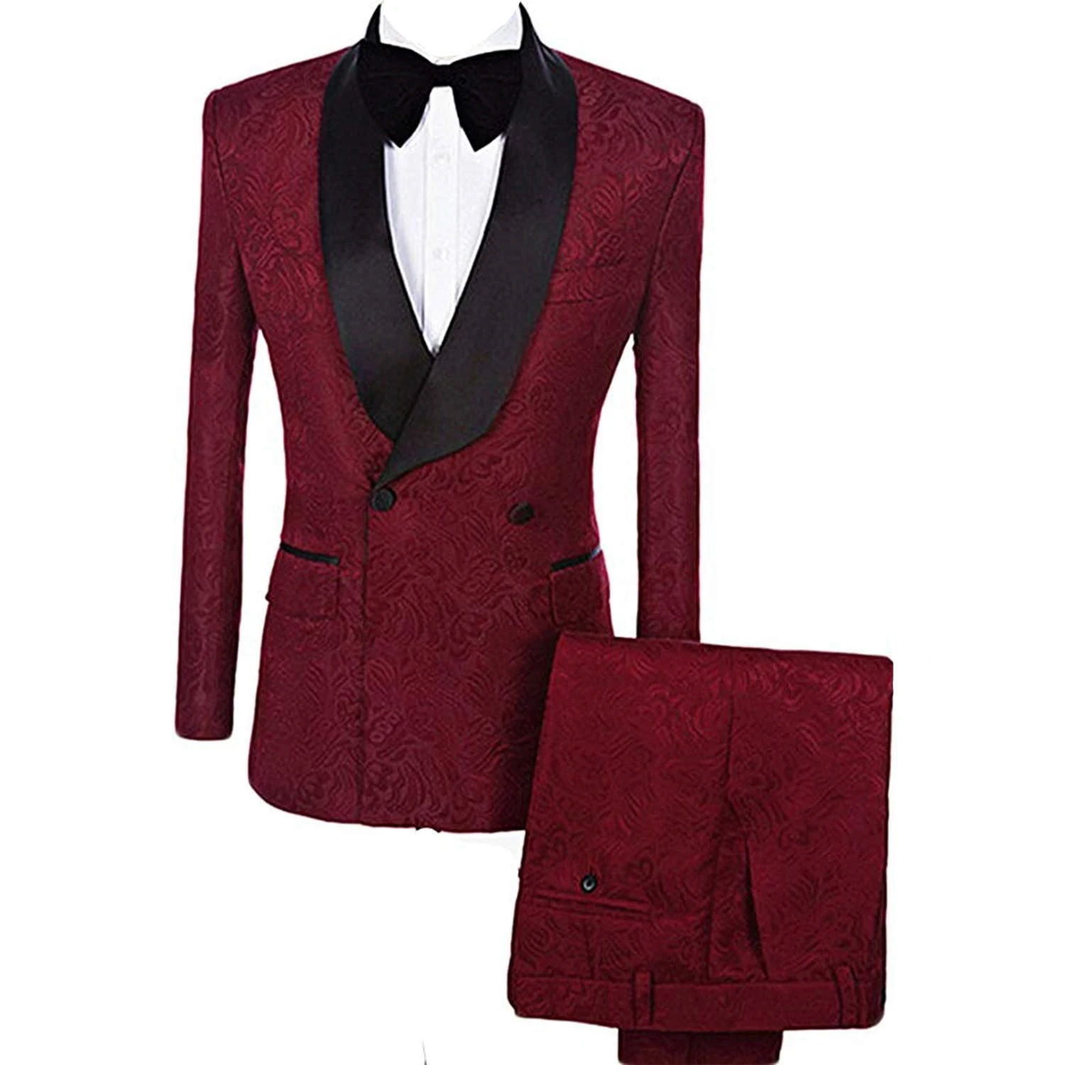 

Burgundy Jacquard 2 Piece Men Suits Double Breasted Shawl Lapel Formal Elegant Jacket Pants Slim Fit Wedding Party Tuxedos Set