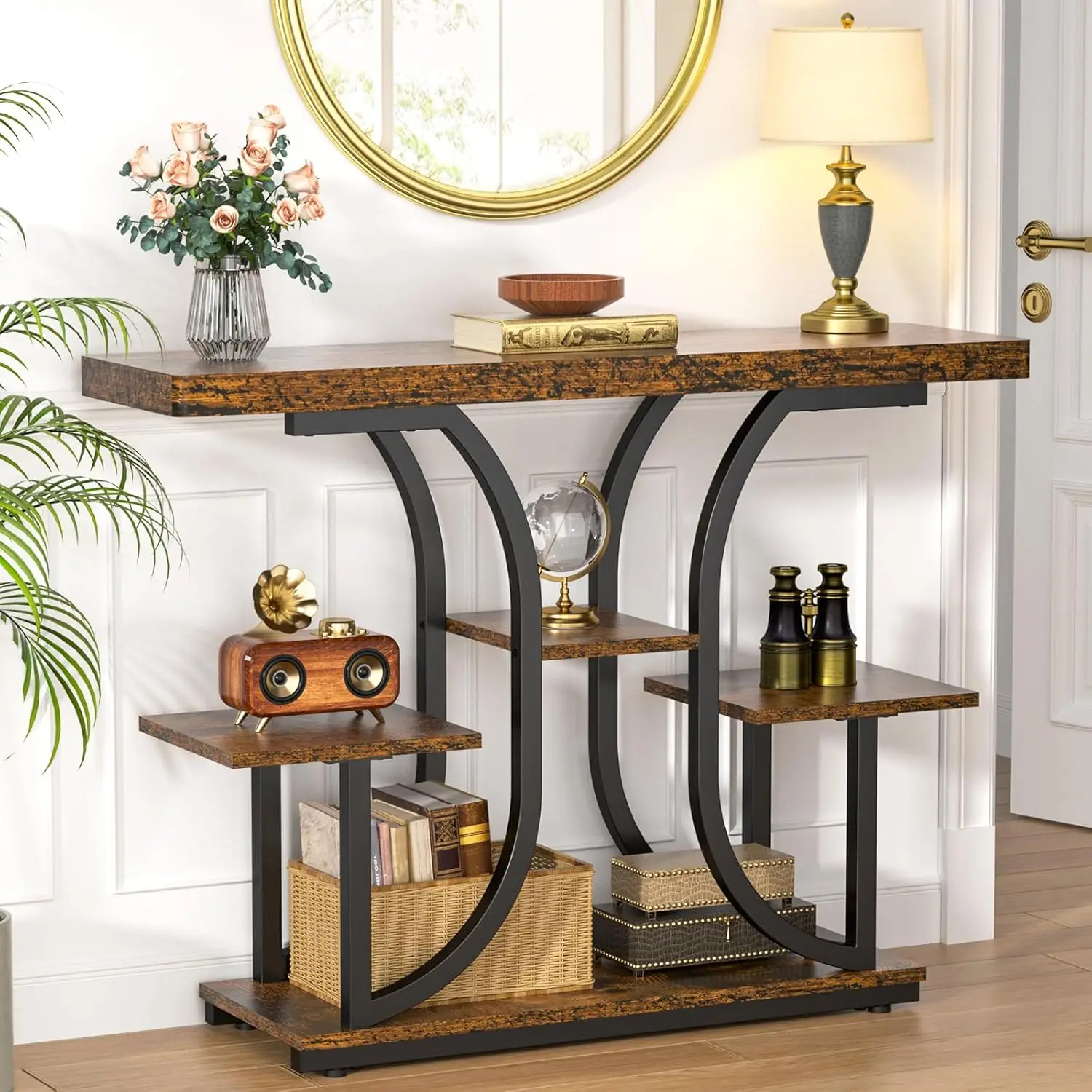 42.5" Console Table, Industrial 4-Tier Sofa Table Entryway Table with Curved Base, Narrow Wood Accent Tables with Storage Shelve