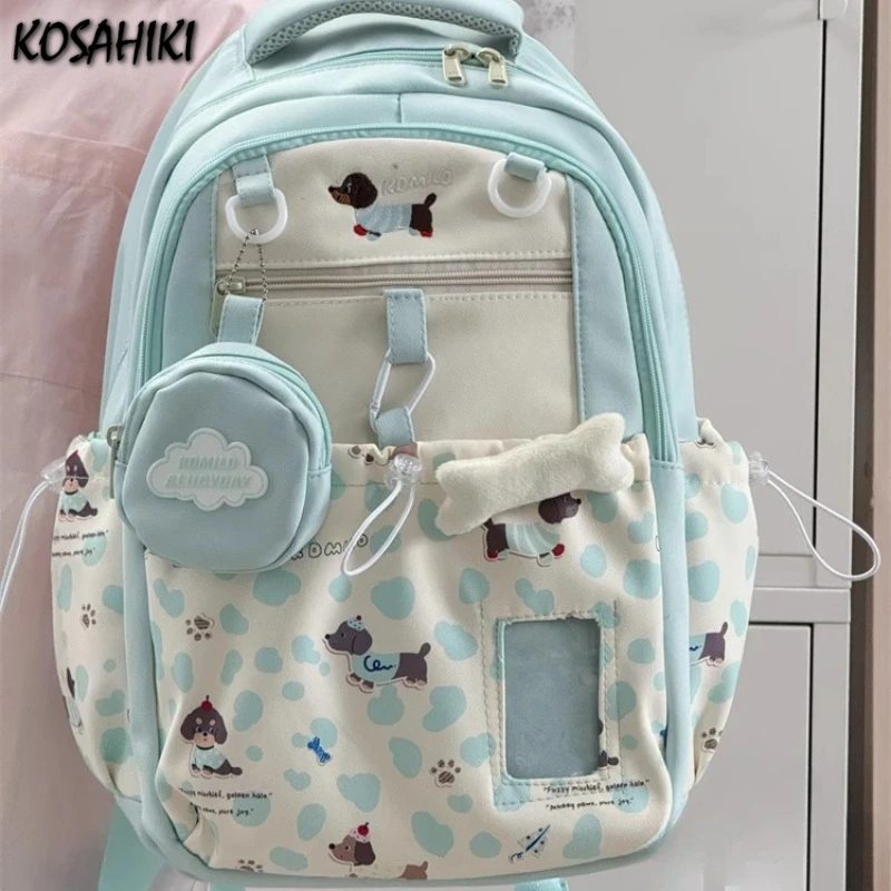 

High-capacity Kawaii Girls Travel Backpacks Y2k Women Students Cellphone Bags Patchwork Contrast Color Cartoon Print Schoolbags