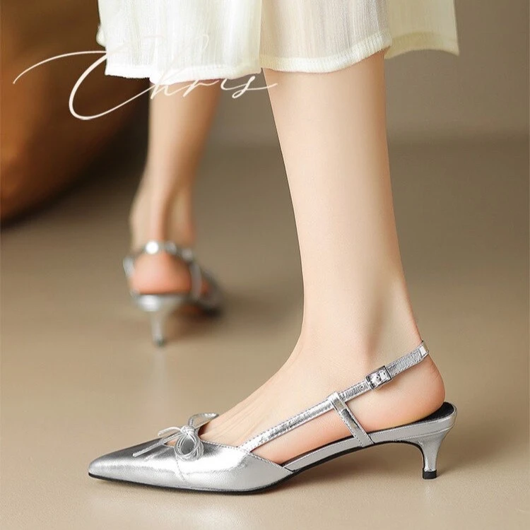 Sexy Mid Heels Bow Sandals 2024 Women Pointed Toe Shoes Summer Fashion Beach Slippers Dress Luxury Flip Flops Pumps Mujer Slides